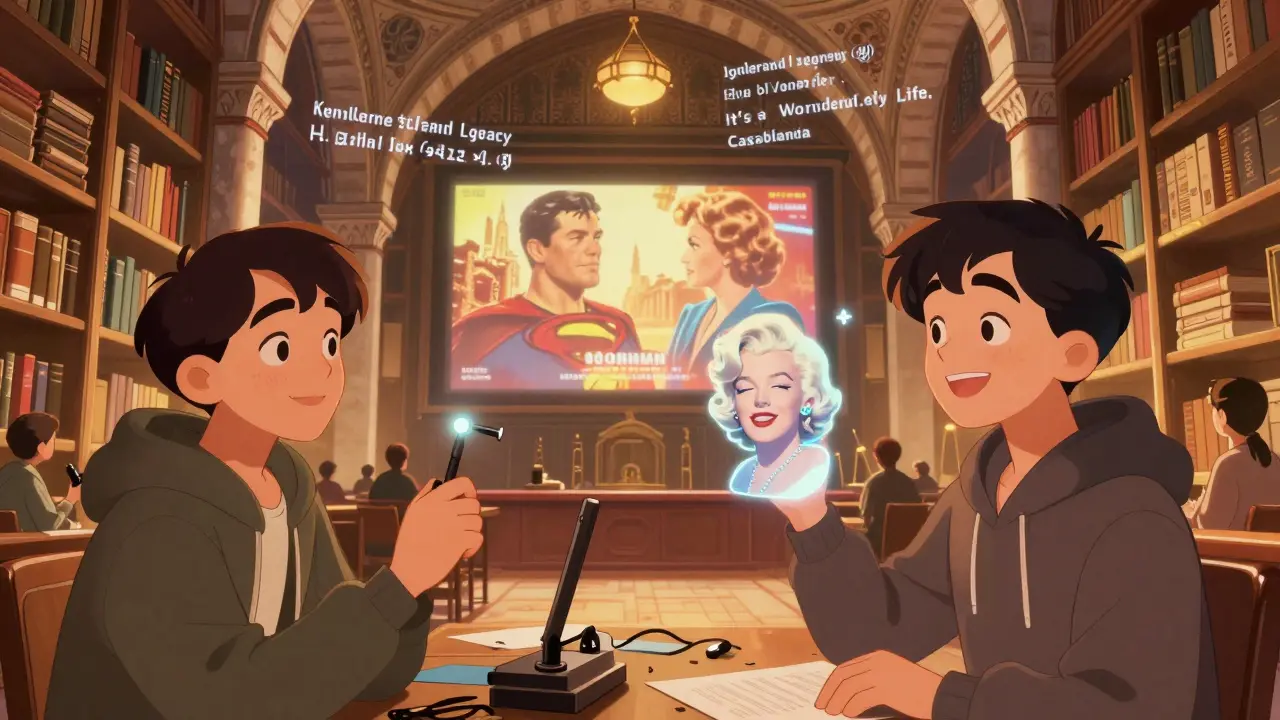 Restoration of classic films in an Istanbul archive, with Turkish subtitles and Superman premiere on screen.