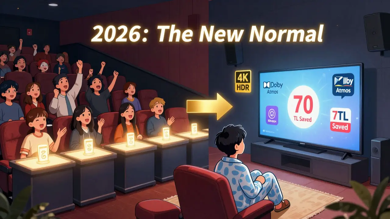 Sinema ve ev izleme deneyimi karşılaştırması: kalabalık sinema ile konforlu ev izleme.