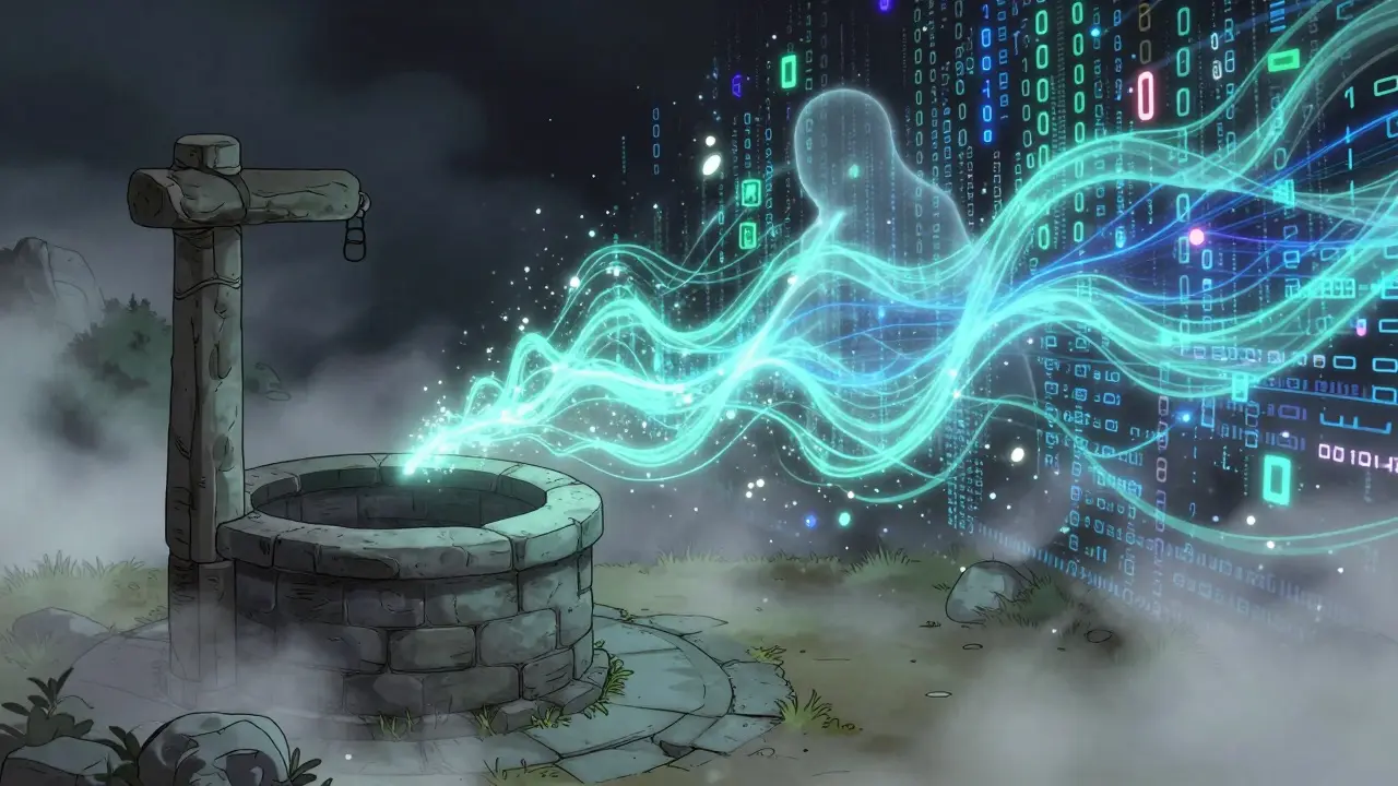 Sisli antik bir su kuyusu ile modern dijital sinyallerin birleştiği korku atmosferi.