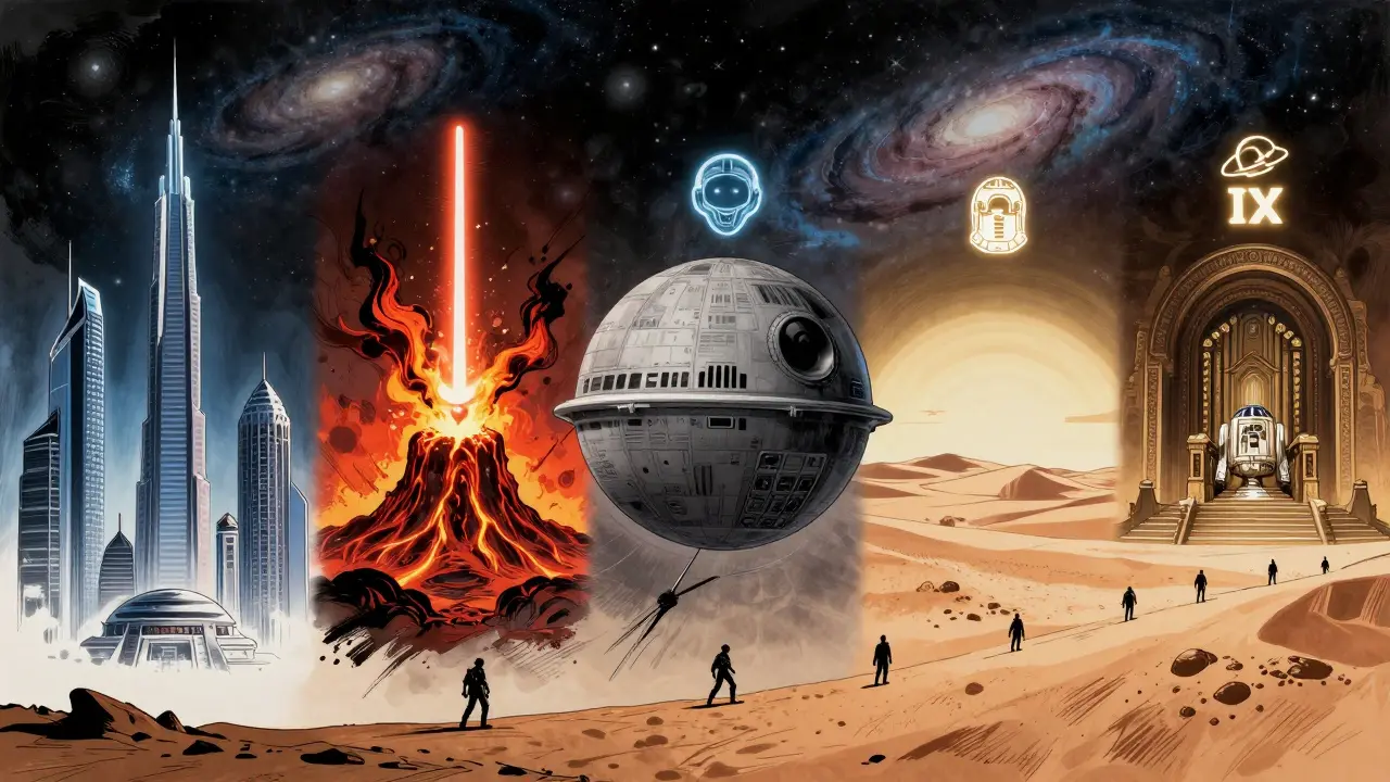 Star Wars filmlerinin kronolojik sırasını gösteren göklerde süzülen ışıklı semboller ve karakter siluetleri.