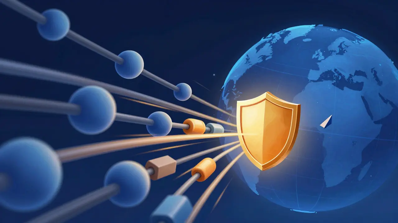 Veri paketlerinin sunuculara aktarımı ve bağlantı güvenliği sembolizmi.