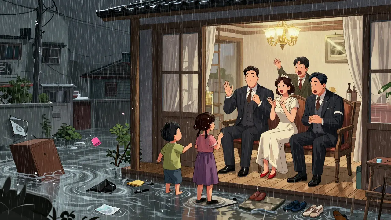 Yağmurda bodrumda sığınan aile, üst kata çıkmak için çabalarken, zengin aile yağmurdan ıslanmadan eğlence yapıyor.