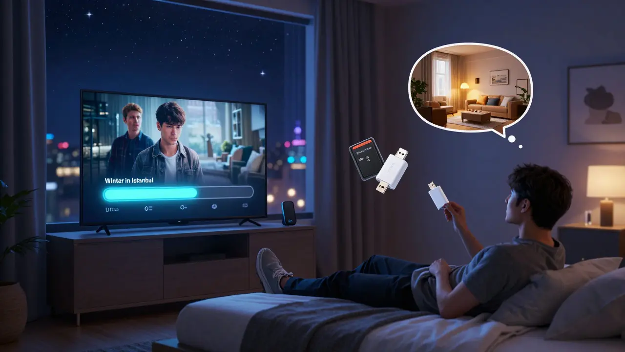 Yalnız yolcu, internetsiz olarak indirilmiş bir film izliyor ve hafıza kartı yanındayken yatağında rahatlıyor.