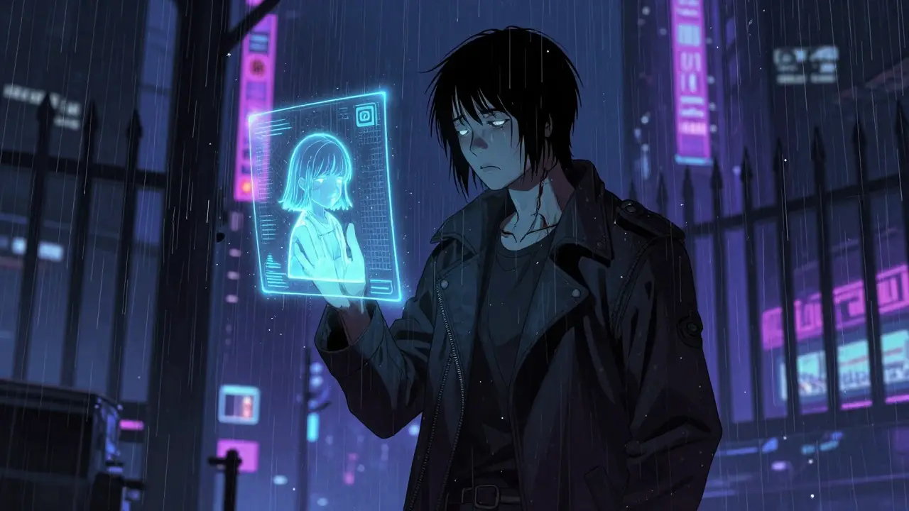 Yapay bir insan, yağmurda bir kızın hologramına dokunuyor, ışıkla parlayan gözleri var.