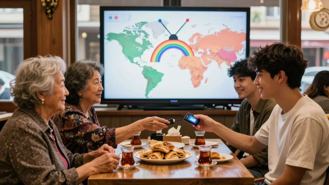 Yurtdışında Türk topluluğu, kafe dairede birlikte dizi izliyor ve videolar paylaşılıyor.