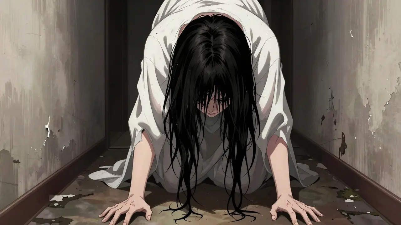 Yüzü uzun siyah saçları altında saklı beyaz giyimli hayalet figürü.