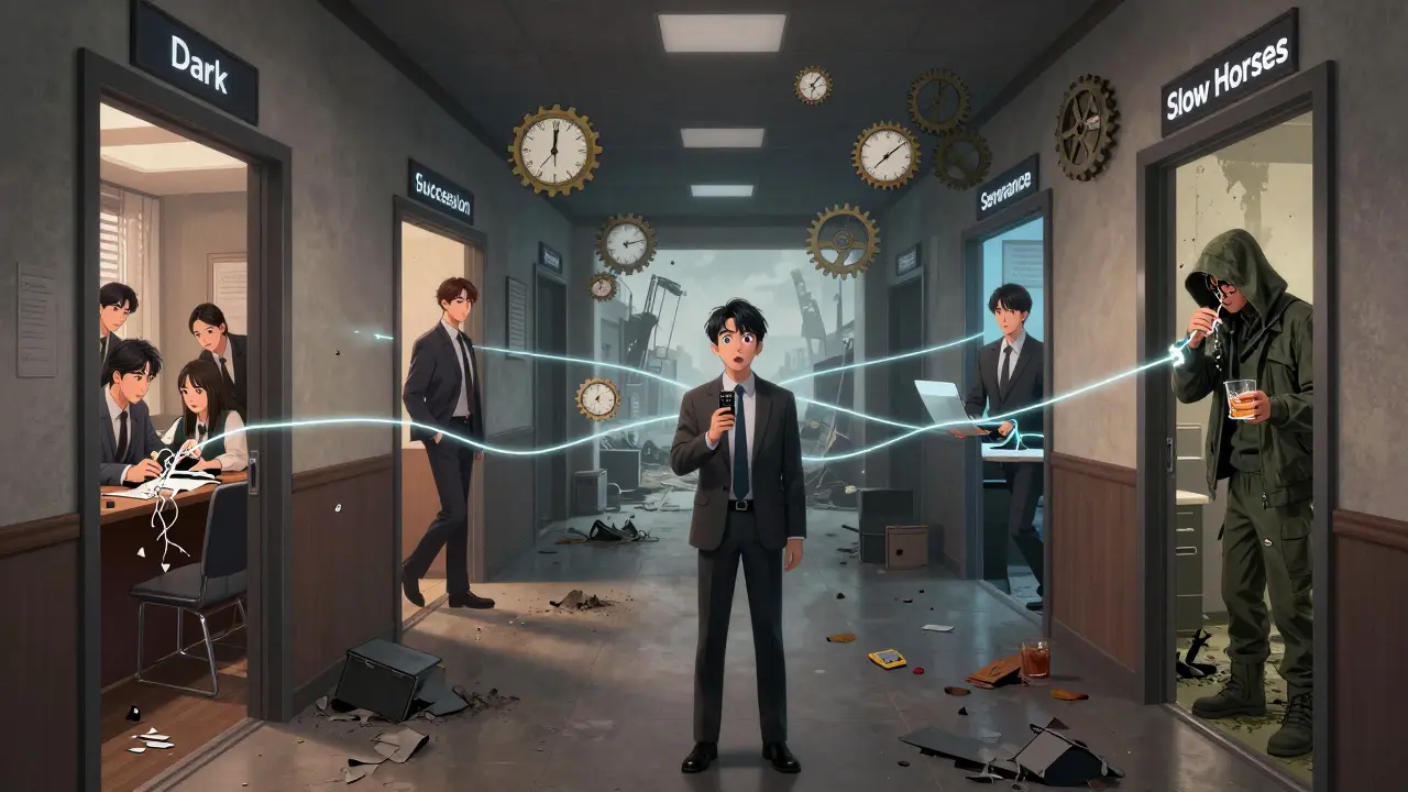 Zaman döngüsü koridorunda Dark, Succession ve Severance gibi dizilerin sahneleri birbirine bağlı.