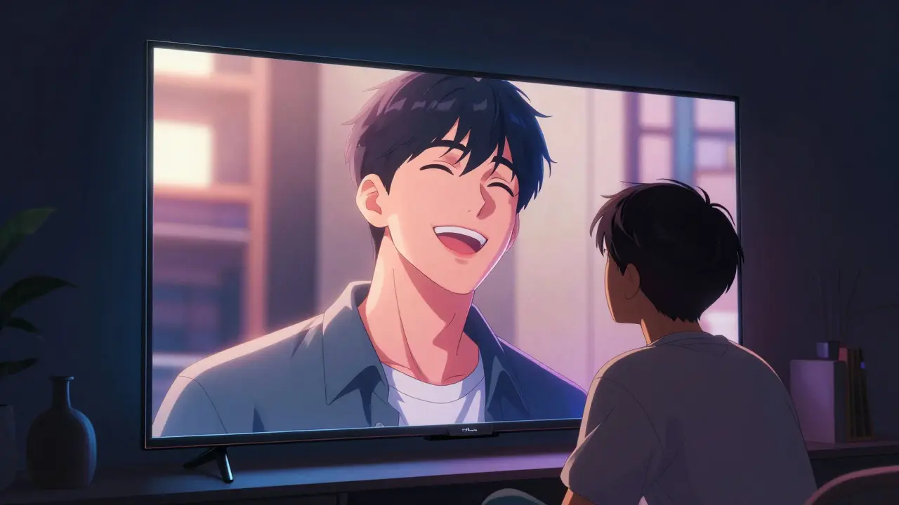 4K çözünürlüklü büyük ekranda film izleyen mutlu bir kullanıcı