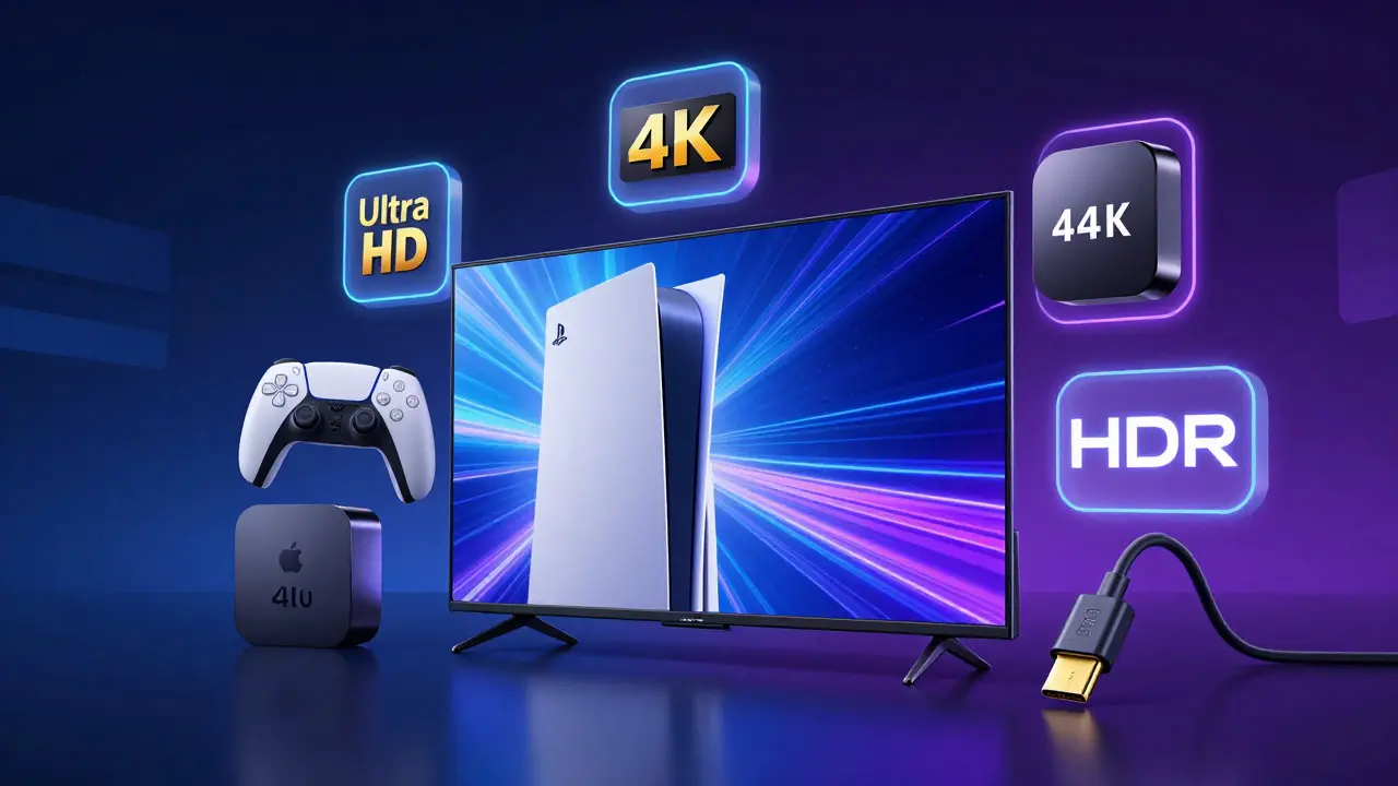 4K TV, oyun konsolu ve HDMI kablosu gibi destekleyici cihazlar.