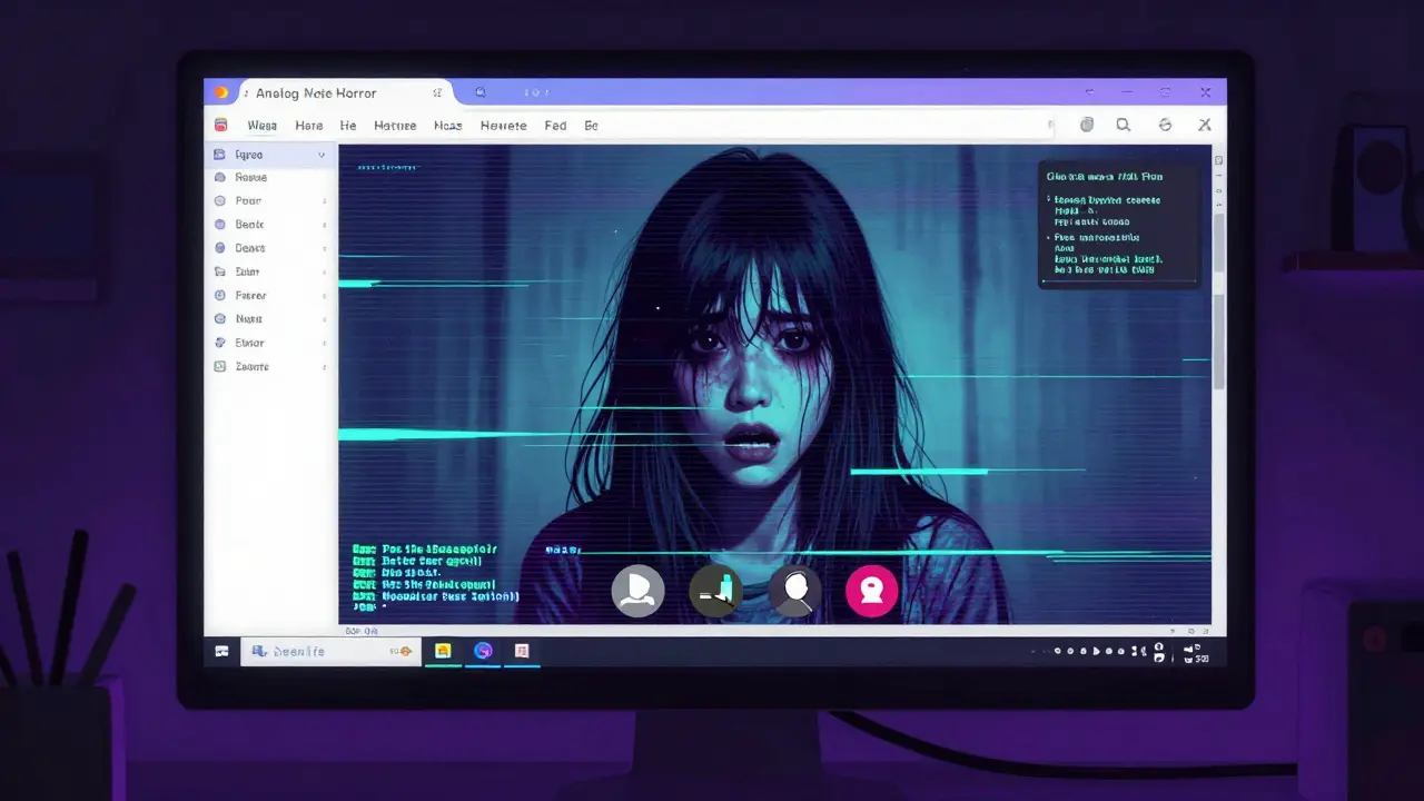 Bilgisayar ekranında glitch efektli bir görüntülü görüşme ve dijital korku atmosferi.