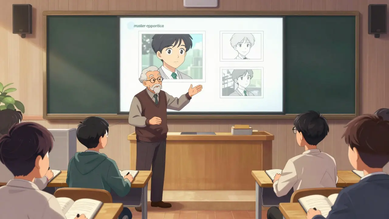 Bir animasyon atölyesinde usta bir sanatçının öğrencilere eğitim verdiği an.