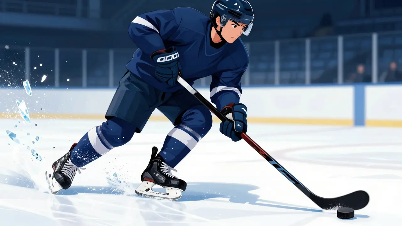 Buz üzerinde hızla kayan bir hokey oyuncusunun dinamik ve detaylı çizimi.