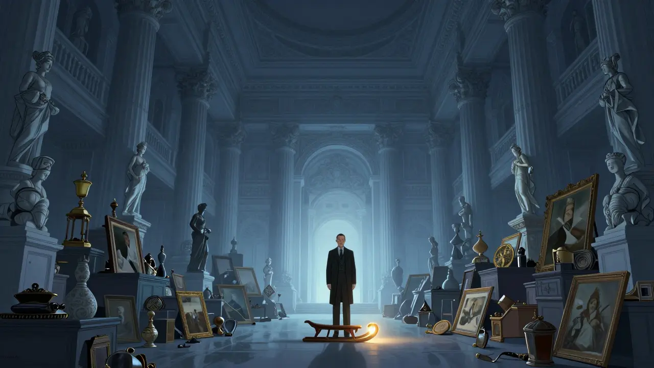 Devasa malikanesinde eşyalar arasında yalnız kalmış yaşlı Kane ve küçük bir kızak.