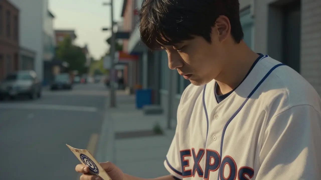 Eski bir Montreal Expos formasıyla hüzünlü bir taraftarın yakın çekimi