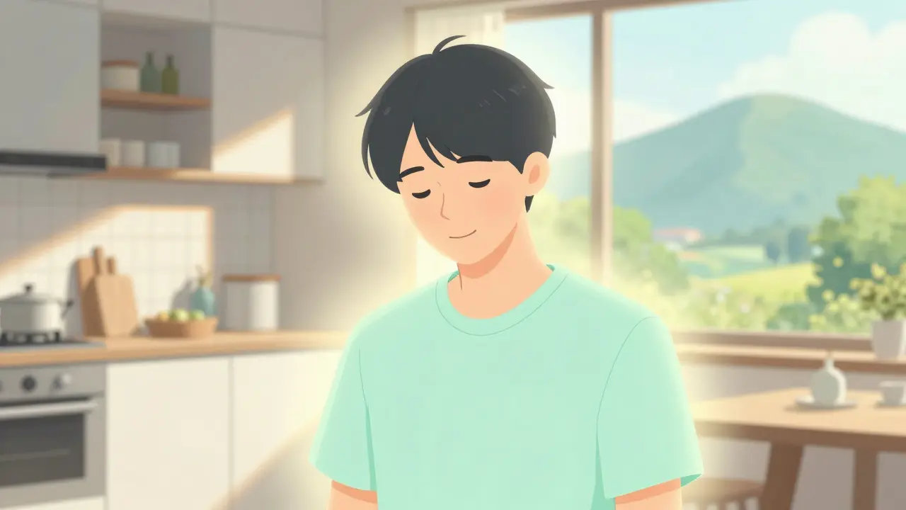 Ev yenileme ve doğa manzaraları eşliğinde zihinsel rahatlama yaşayan mutlu bir karakter.