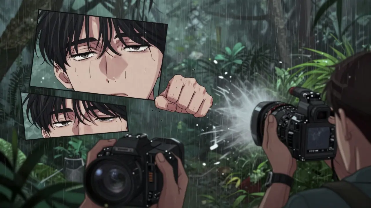 Film ekibinin ruhsal tükenmişliğini ve kaosunu yansıtan parçalı yakın çekimler.