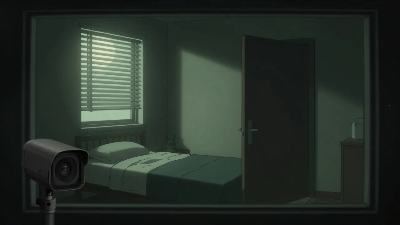 Gece görüşlü güvenlik kamerasıyla çekilmiş, kapısı hafifçe açık ürkütücü bir yatak odası.