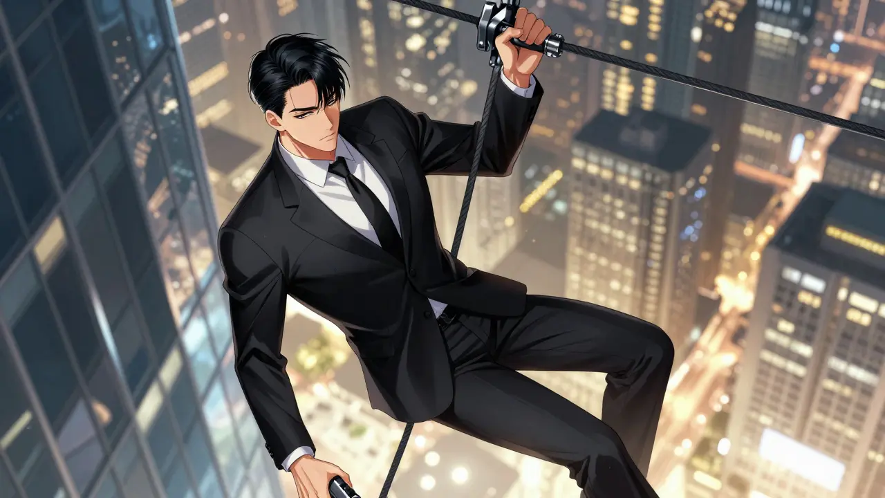 Gökdelen camında asılı şık giyimli bir gizli ajanın webtoon tarzı illüstrasyonu.