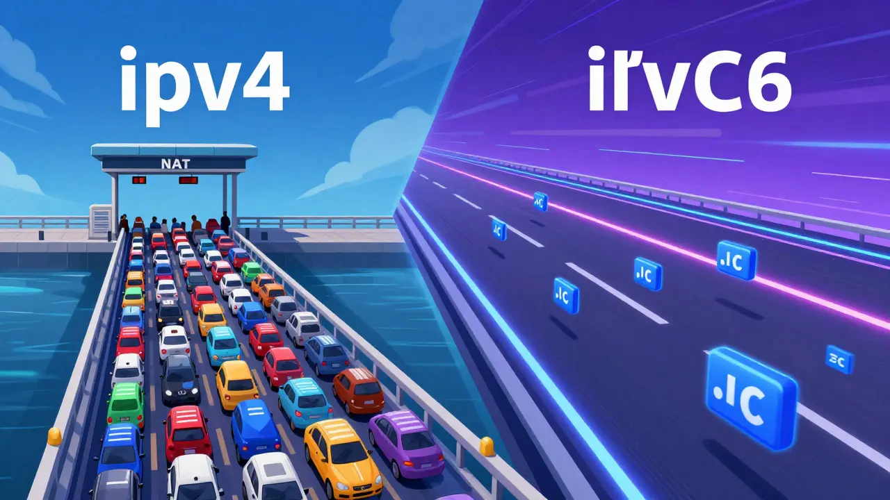 IPv4'ün dar yolu ile IPv6'nın geniş ve hızlı veri yolunu karşılaştıran illüstrasyon.