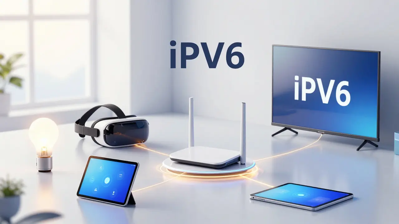 IPv6 ile birbirine bağlı akıllı ev cihazlarını ve modern bir ağ yapısını gösteren çizim.