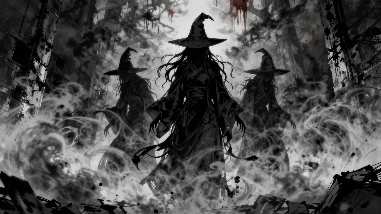 Karanlık ve gerçeküstü bir atmosferde, sisler arasından beliren üç cadının webtoon illüstrasyonu.