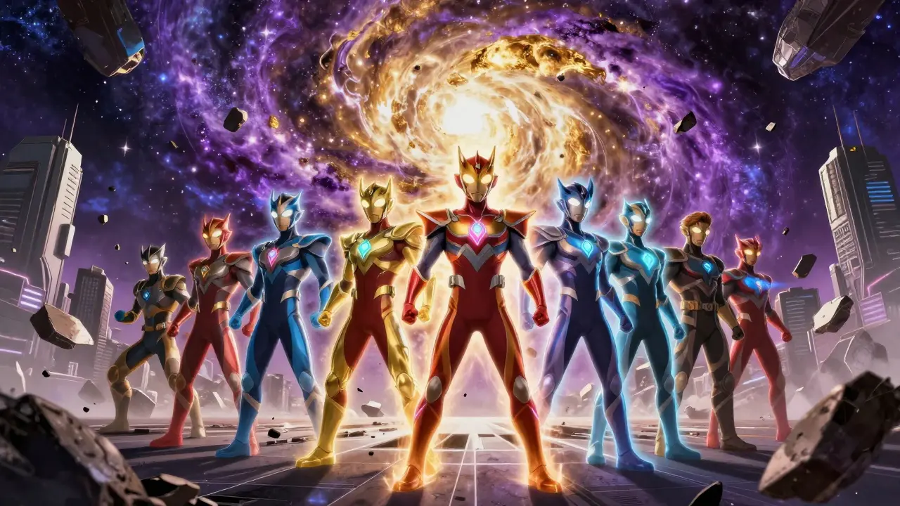 Kozmik bir arka planda bir arada duran süper kahramanların webtoon tarzı çizimi.