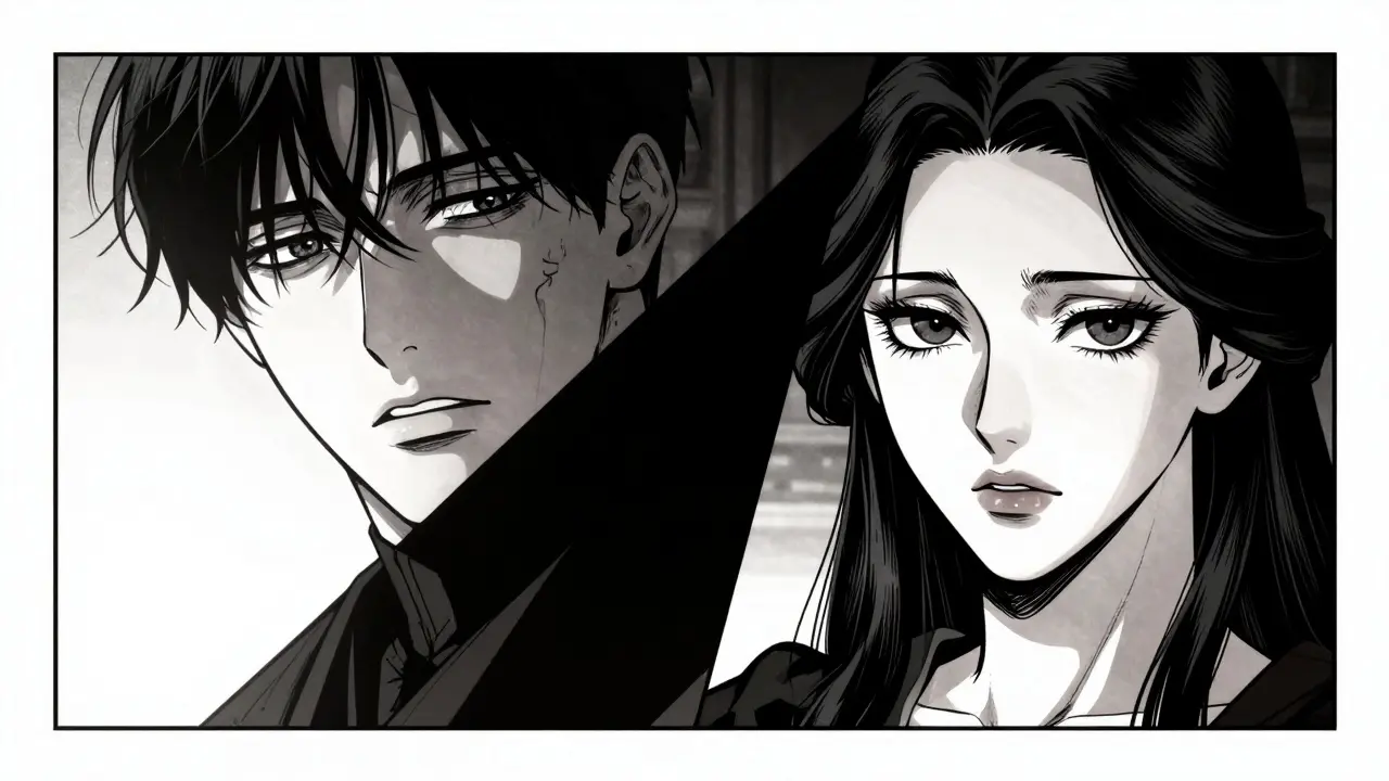 Macbeth ve Lady Macbeth'in yüzlerindeki gerilimi ve hırsı yansıtan siyah beyaz webtoon çizimi.