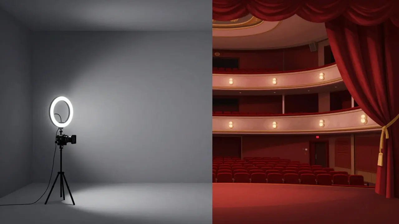 Minimalist ev stüdyosu ile görkemli tiyatro sahnesinin karşılaştırması