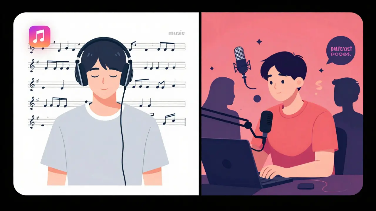 Müzik ve podcast deneyimlerinin ayrıldığı bölünmüş ekran illüstrasyonu.