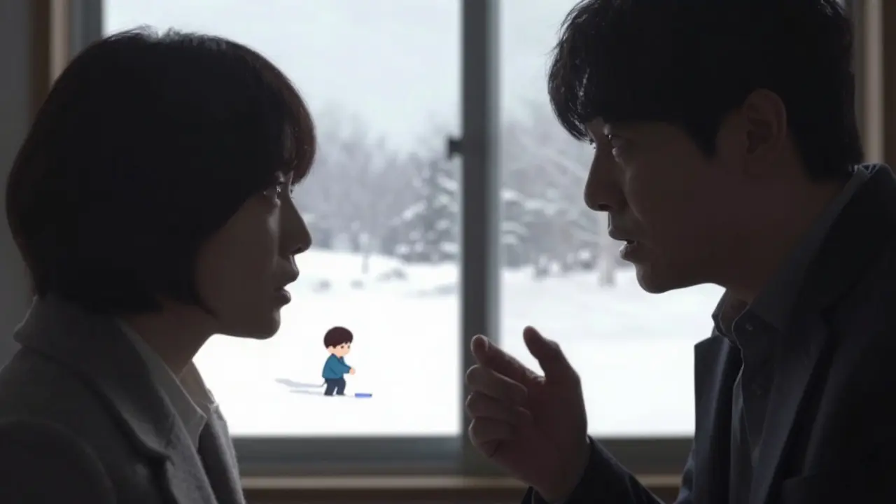 Ön planda tartışan yetişkinler ve arka planda karda oynayan küçük bir çocuğun olduğu sahne.