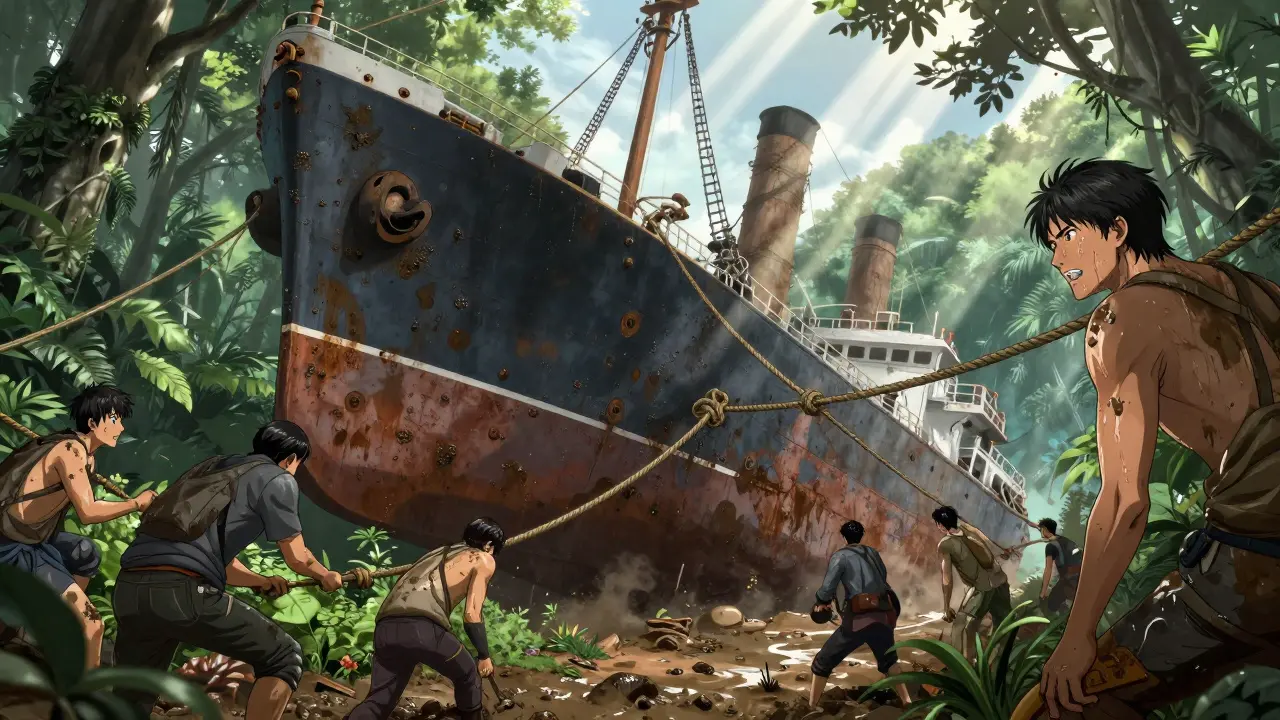 Ormanda bir tepeye çekilen devasa buharlı gemi ve zorlanan işçiler.