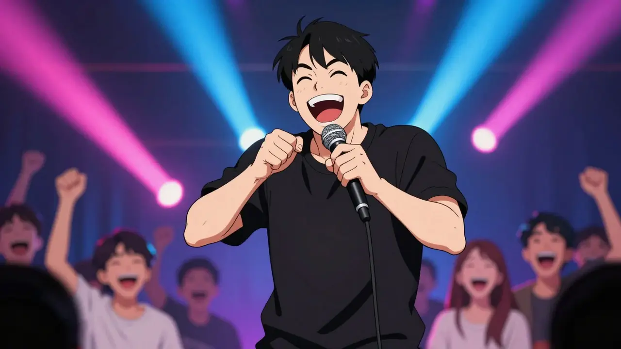 Sahnede enerjiyle şaka yapan bir komedyen ve gülen izleyiciler