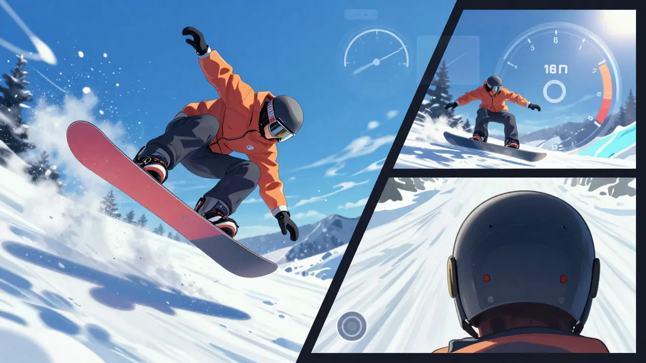 Snowboard yayınındaki çoklu kamera açılarını ve dijital hız göstergelerini gösteren ekran.