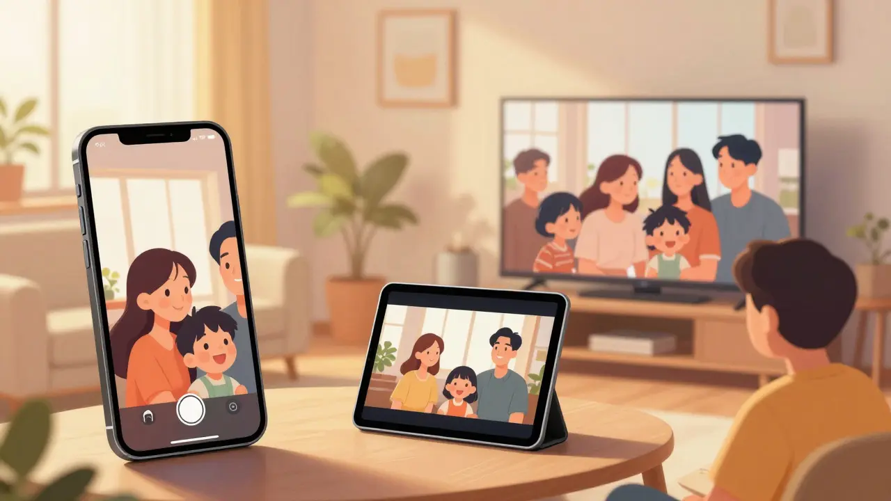 Üç farklı cihazda aynı anda film izleyen mutlu insanlar.