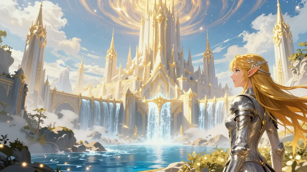 Yüzüklerin Efendisi evreninden görkemli Númenor şehrini tasvir eden webtoon çizimi.