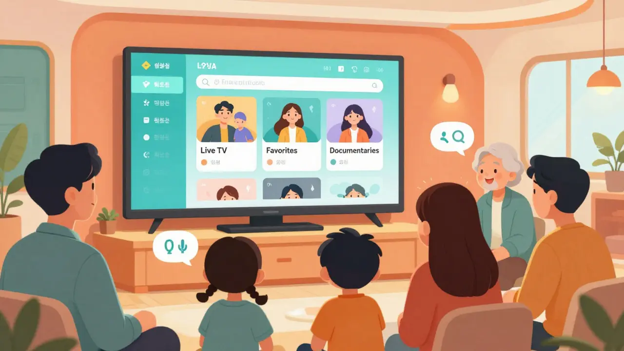Aile üyeleri sesli komutlar ve kategorilerle birlikte akıllı TV'de içeriği keşfederken gülümsüyor.