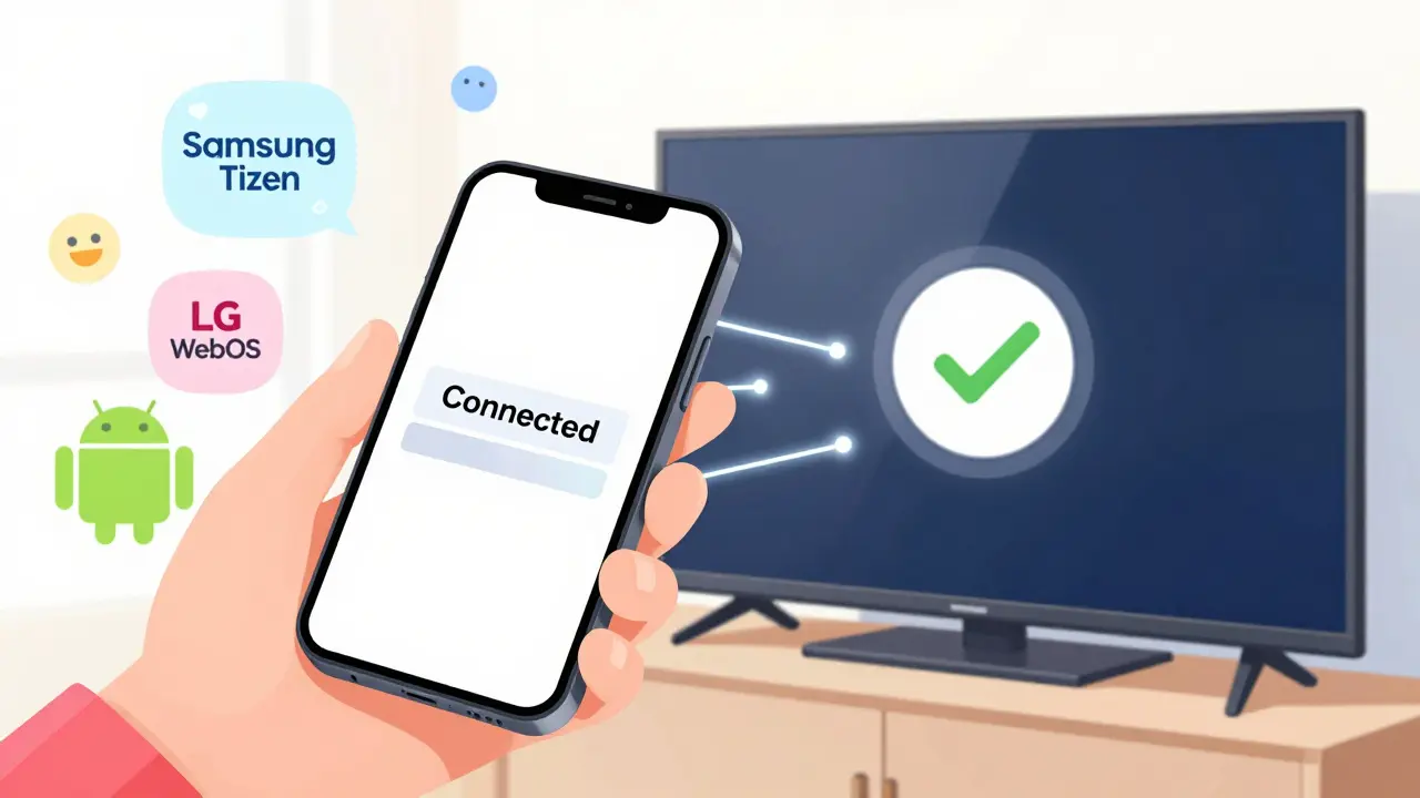 Akıllı telefon ve TV arasında kurulum kodu ile kolay bağlantı sürecini gösteren illüstrasyon.