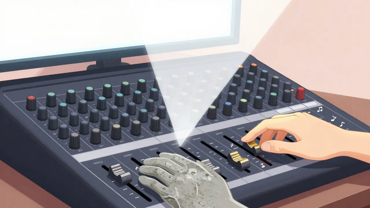 Karışım konsolunda birleşen ses tasarımı ve müzik el sembolleri