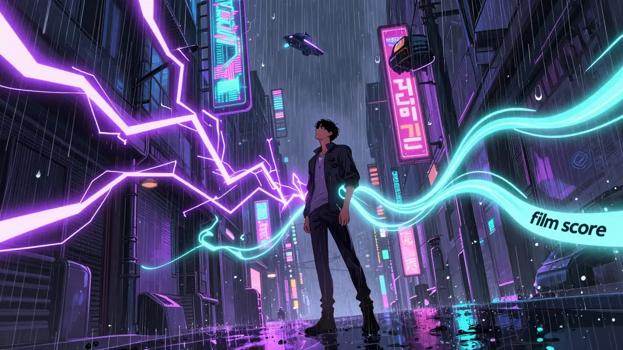 Neon ışıklı bilim kurgu sahnesinde ses ve müzik katmanları