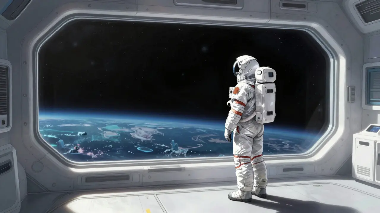 Uzay istasyonunda yalnız duran bir astronot, dışarıdaki uzaya bakarak içsel bir yolculuk yapıyor.