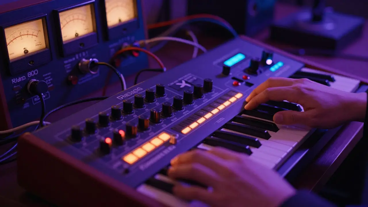 Analog sentezleyiciler ve Roland TR-808 davul makinesi detayı
