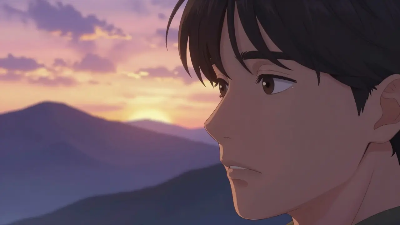 Contemplative face against a sunset mountain backdrop in webtoon art