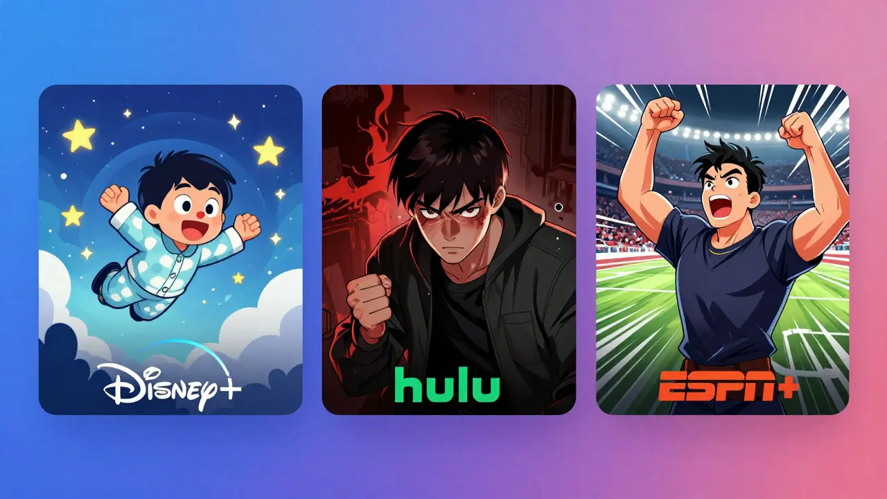 Disney+, Hulu ve ESPN+'ın farklı içerik türlerini temsil eden üç bölümlü dinamik illüstrasyon.