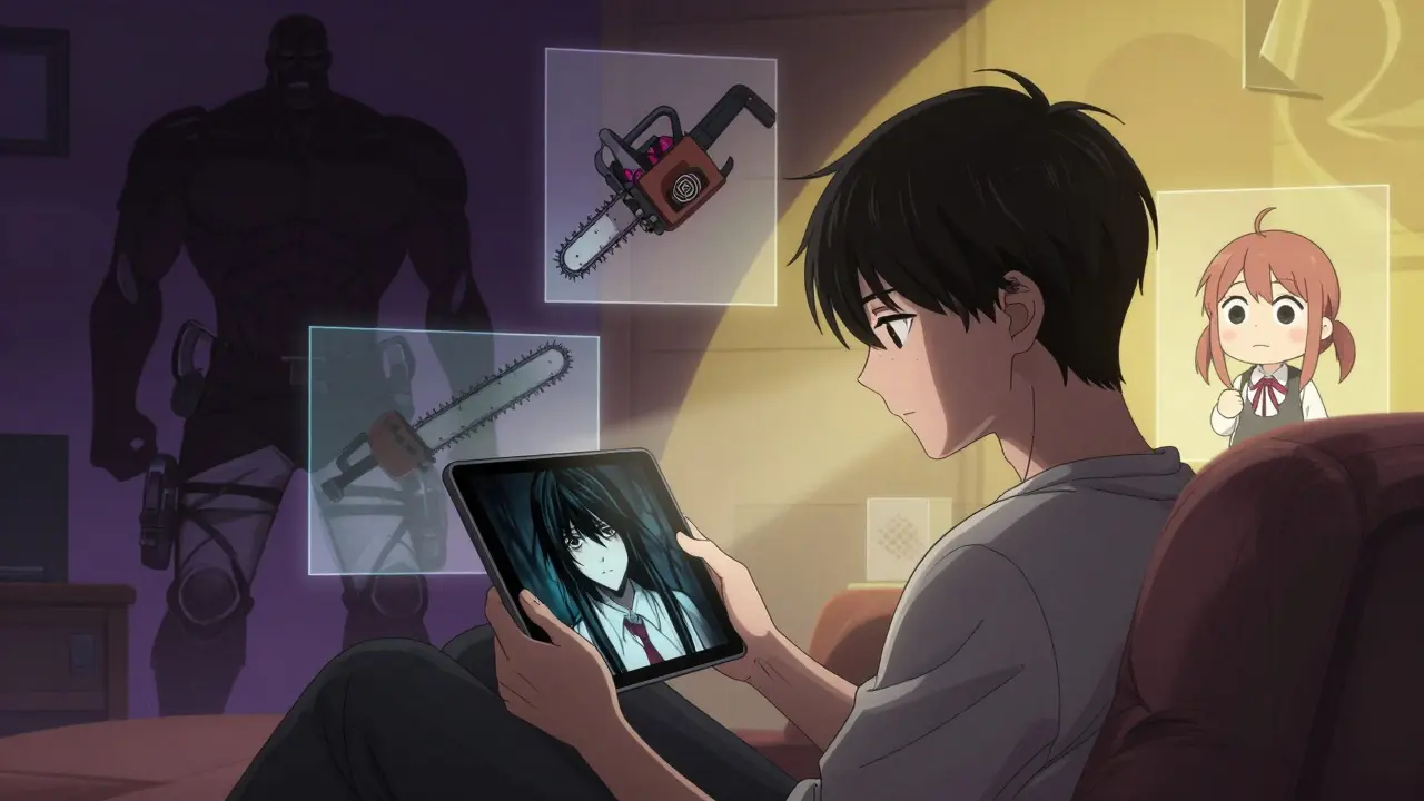 Genç bir kişi tablette psikolojik gerilim türündeki animeleri seçiyor