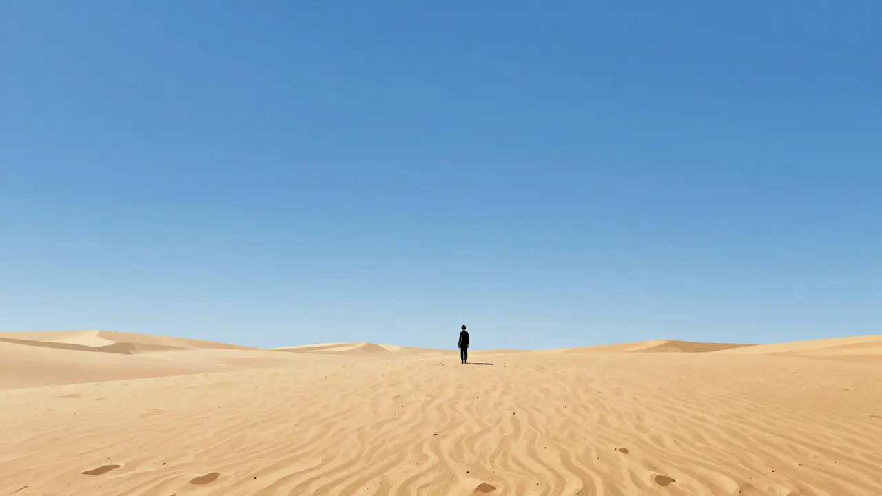 Geniş ekran sinema formatında yalnız bir figürün devasa bir çölde küçük kaldığını vurgulayan illüstrasyon.