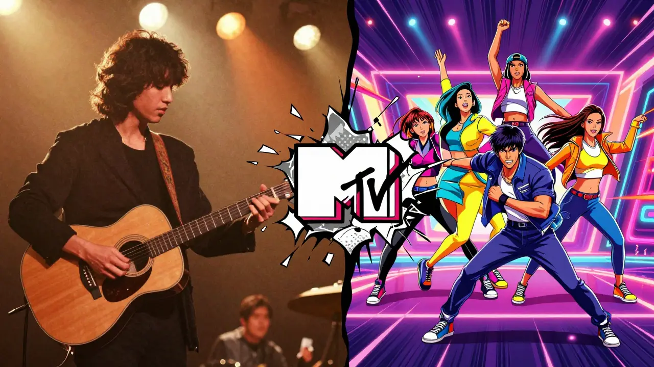 MTV'nin müzik videolarından gerçeklik şovlarına evrimini gösteren stilize illüstrasyon.