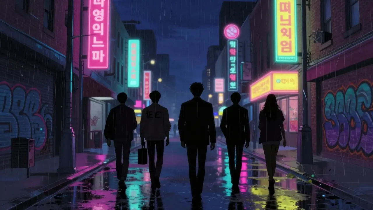 Neon ışıklı sokakta yürüyen Depeche Mode siluetleri
