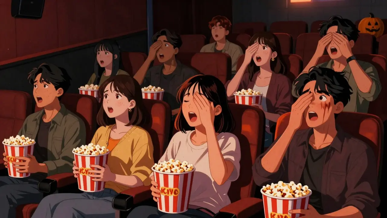 Sinema salonunda korku filmi izleyen heyecanlı gençler