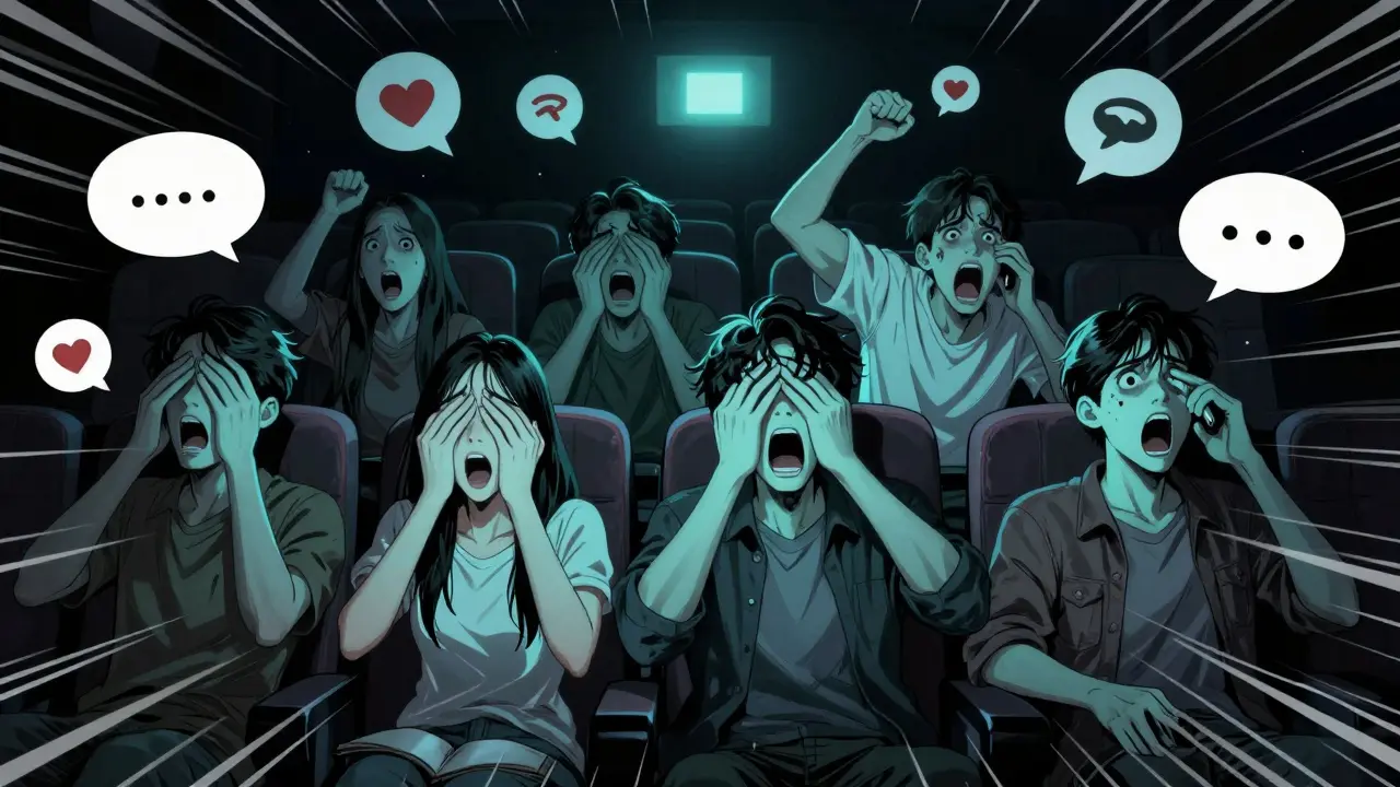 Sinemada korku filmi izlerken heyecanlı tepkiler veren gençlerin webtoon tarzı resmi
