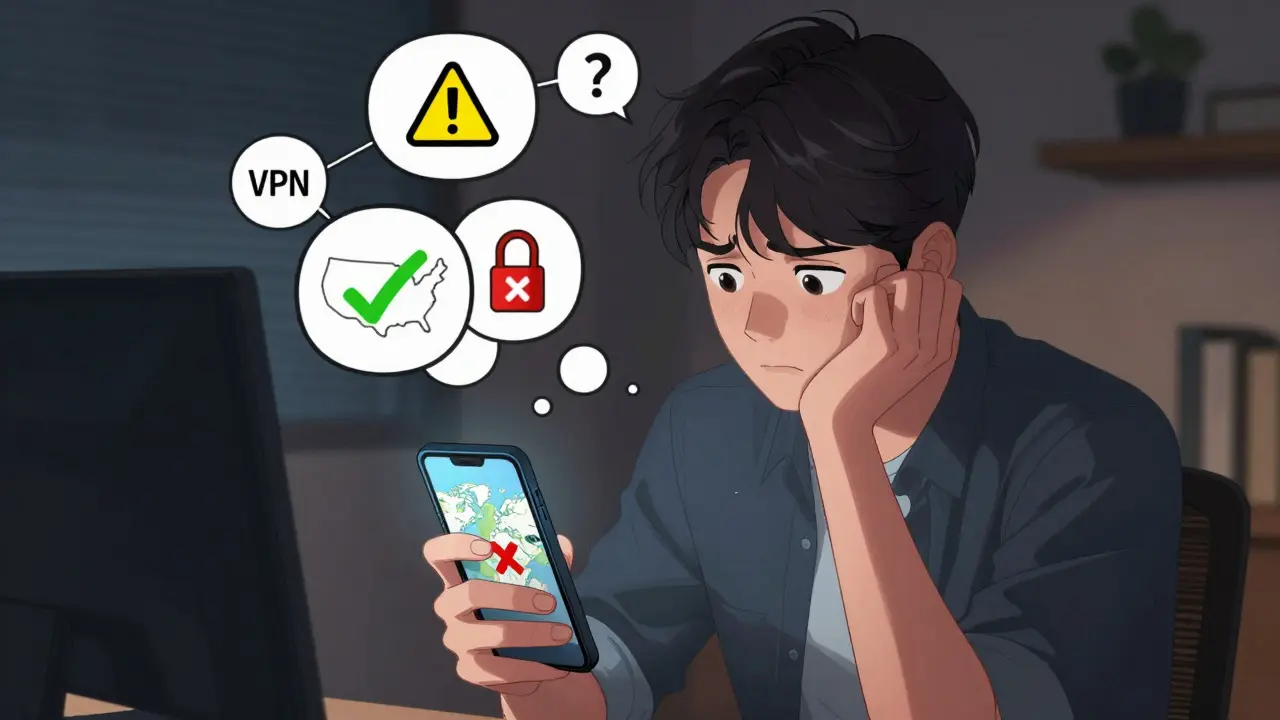 Türkiye'den Hulu erişim sınırlamalarıyla uğraşan kafa karışık bir kullanıcı ve VPN sembolleri.
